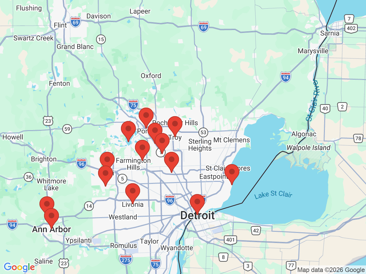 Map of service areas around Troy, MI
